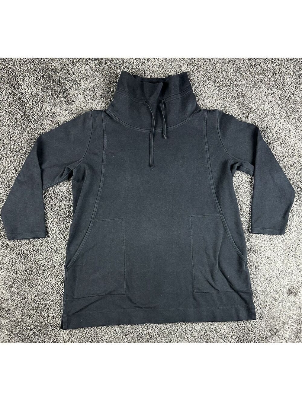 Eileen Fisher Womens M Black Organic Cotton Funnel Neck Sweatshirt Tunic Pockets